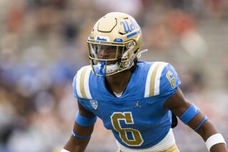 UCLA defensive back John Humphrey (6) takes his stance during an NCAA football game against South Alabama on Saturday, Sept. 17, 2022, in Pasadena, Calif. (AP Photo/Kyusung Gong)