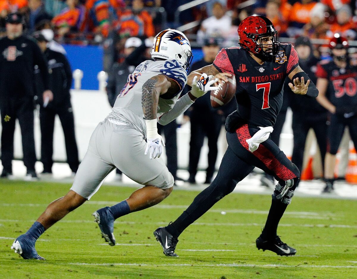 San Diego State quarterback Lucas Johnson passed for a career-high 333 yards against UTSA in the Frisco Bowl.
