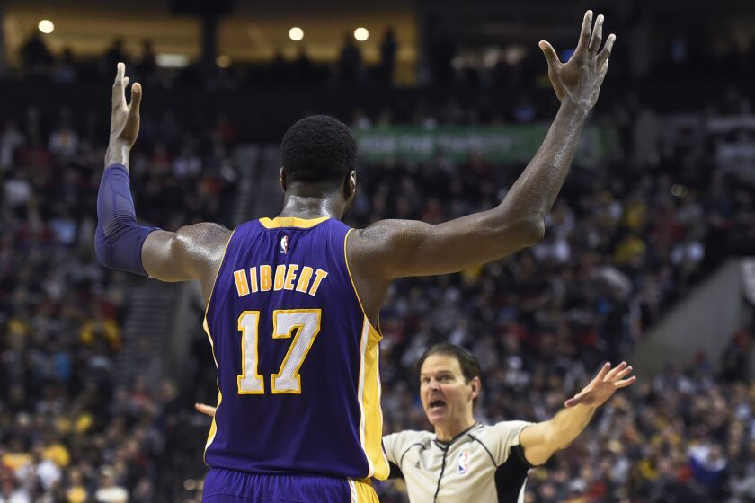 Lakers center Roy Hibbert argues a call with referee Kane Fitzgerald during the second half of a a game against the Portland Trail Blazers on Jan. 23.