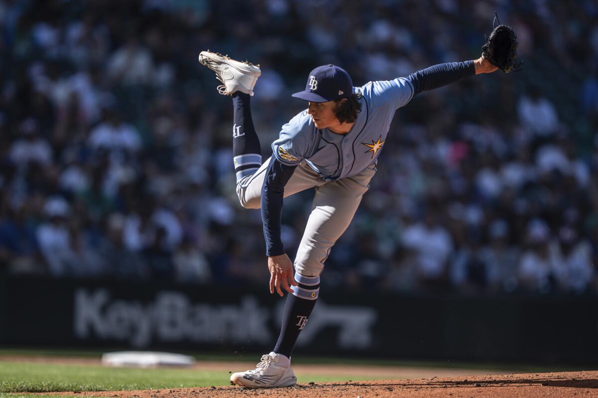 Tampa Bay Rays starter Tyler Glasnow delivers a pitch against the Seattle Mariners on July 1, 2023.