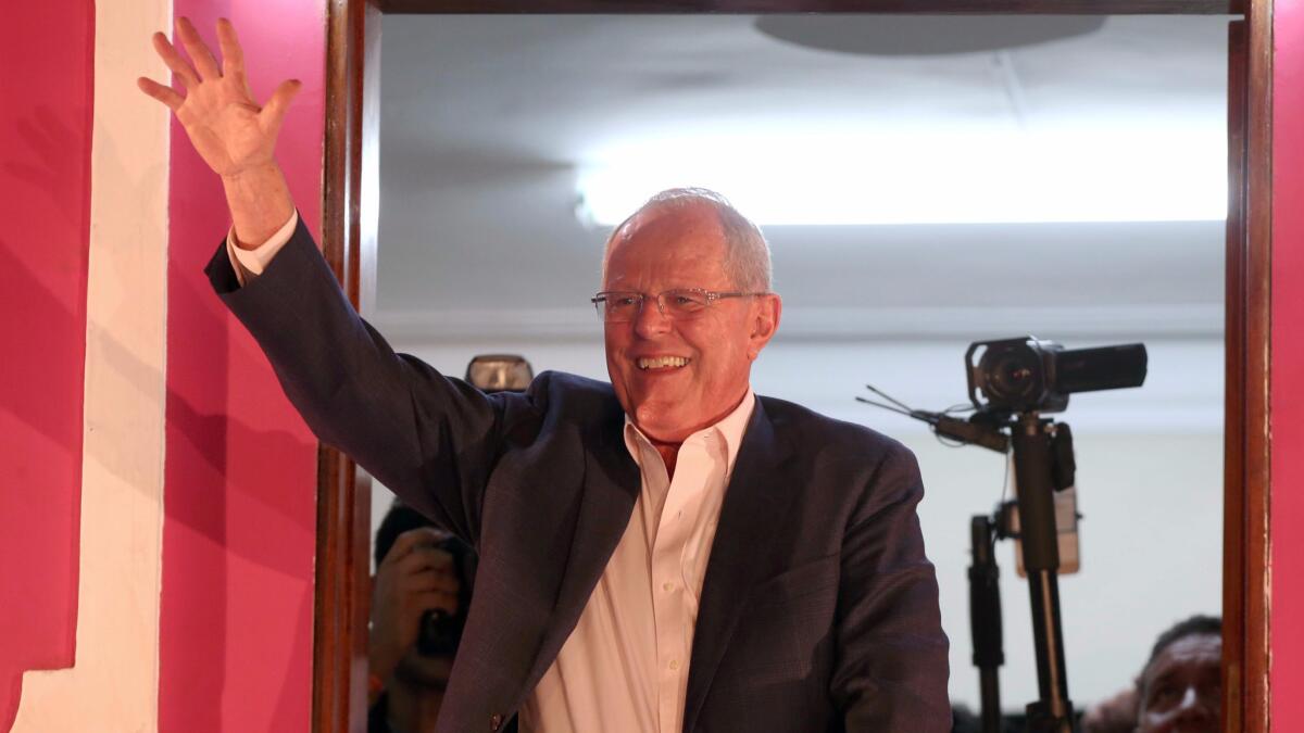 Peruvian presidential candidate Pedro Pablo Kuczynski, addressing supporters during a rally in Lima this week, won the election by 41,000 votes.