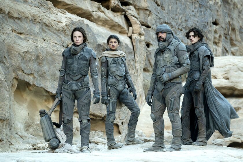 Rebecca Ferguson, Zendaya, Javier Bardem and Timothee Chalamet in "Dune."