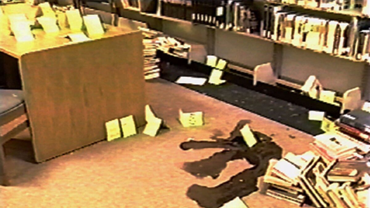 An image from a video shows the scene of the 1999 massacre at Columbine High School in Colorado.