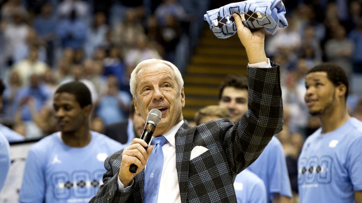 North Carolina's Roy Williams speaks to the crowd at the Dean Smith Center after collecting his 800th coaching victory on Monday.
