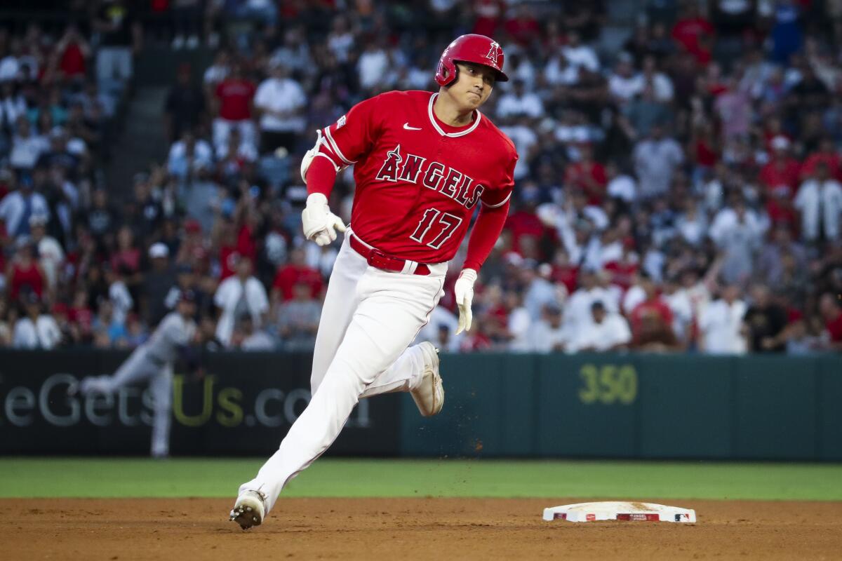 Shohei Ohtani runs for the Angels in July.