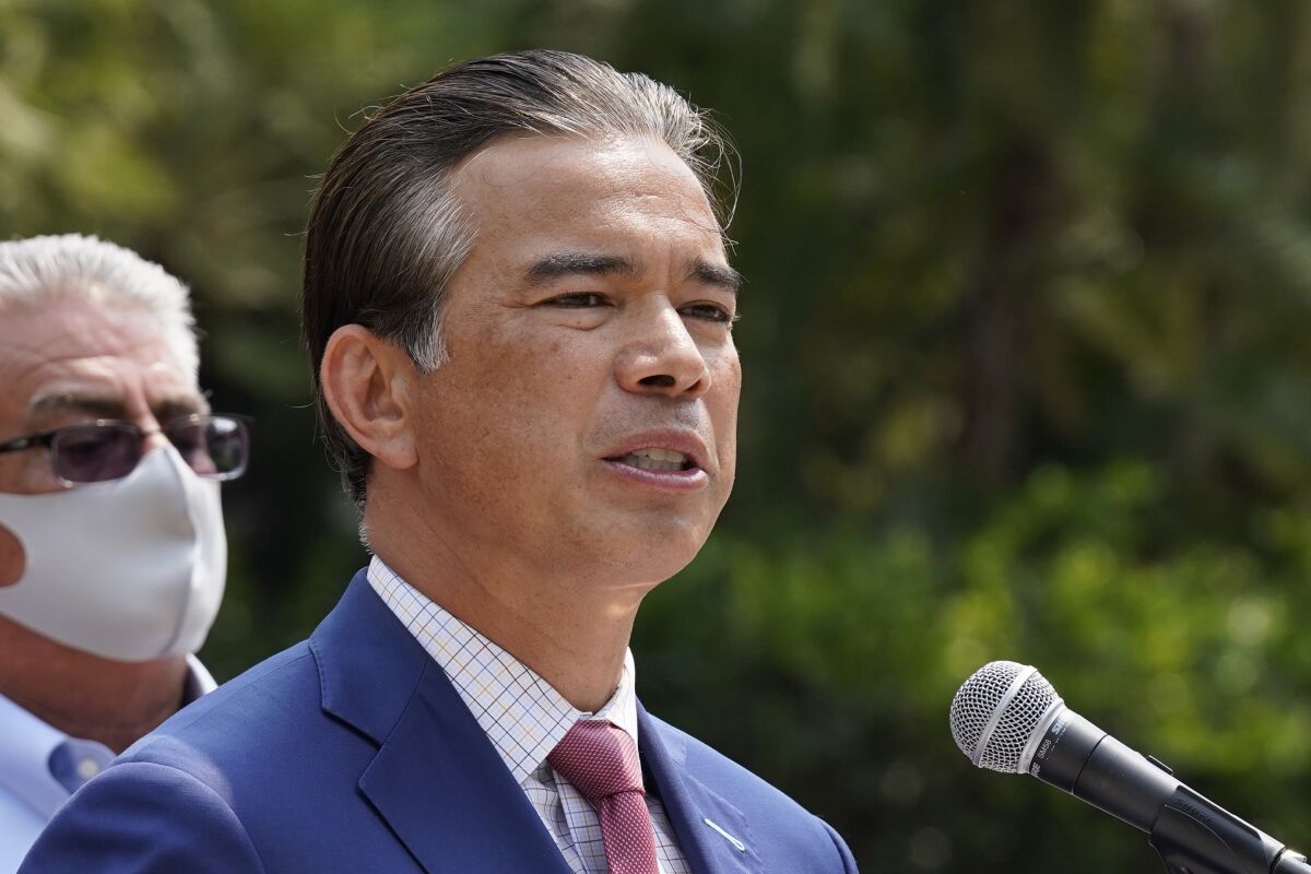 FILE - California Attorney General Rob Bonta speaks at a news conference in Sacramento, Calif., Aug. 17, 2021. Low voter turnout and some political gamesmanship may decide which of three main challengers emerges from California's primary, on Tuesday, June 7, 2022, to take on Bonta in the November election. (AP Photo/Rich Pedroncelli, File)