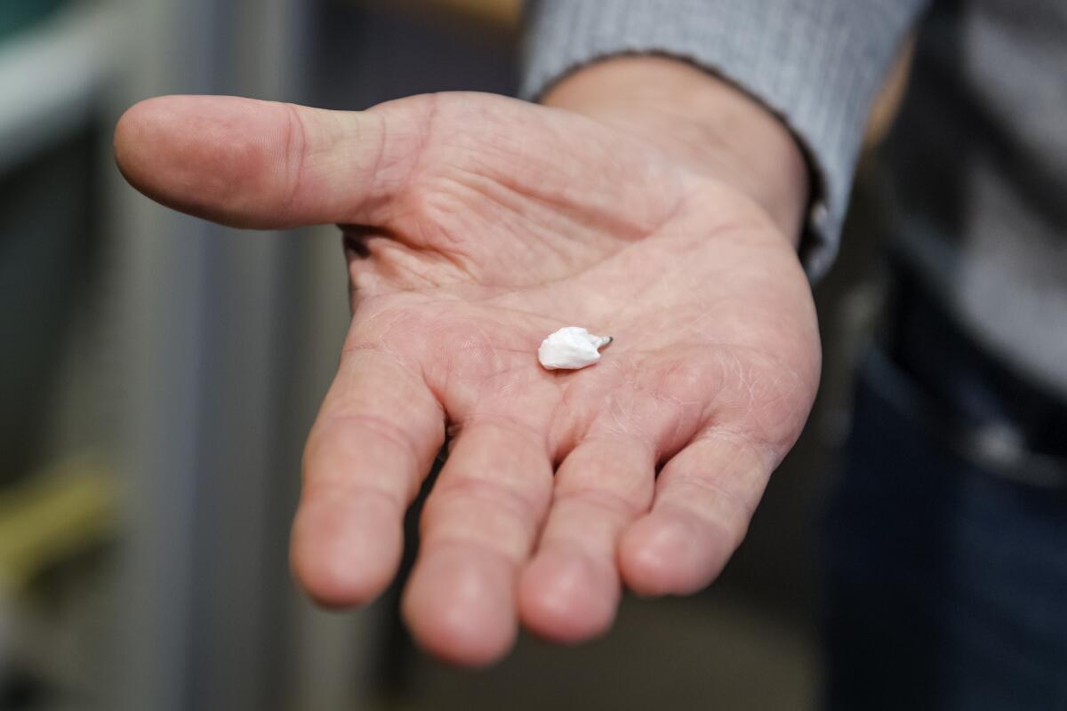 A man's hand holds a tiny bag of crack cocaine