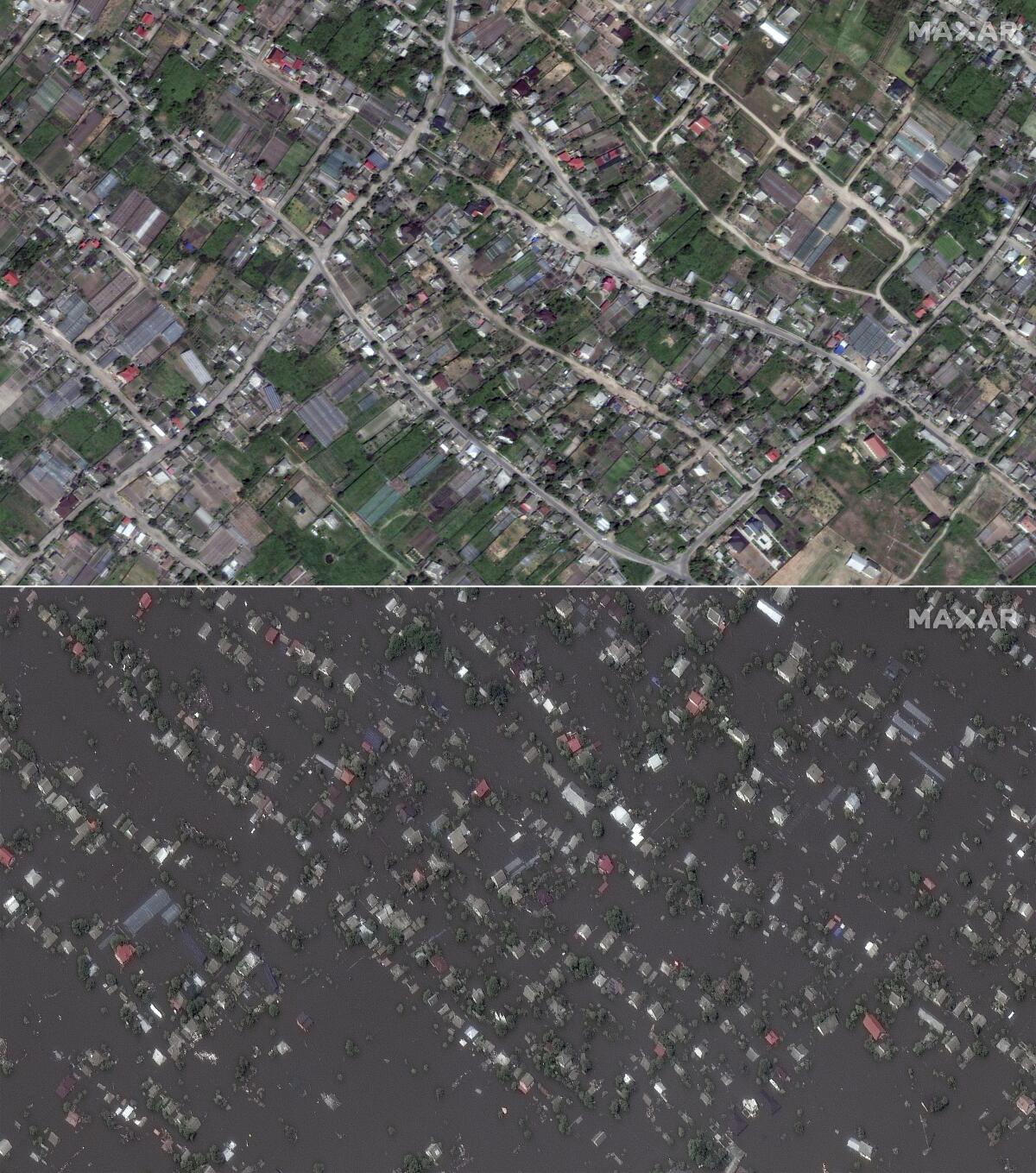 This combination of photos shows Oleshky, Ukraine, before and after flooding.