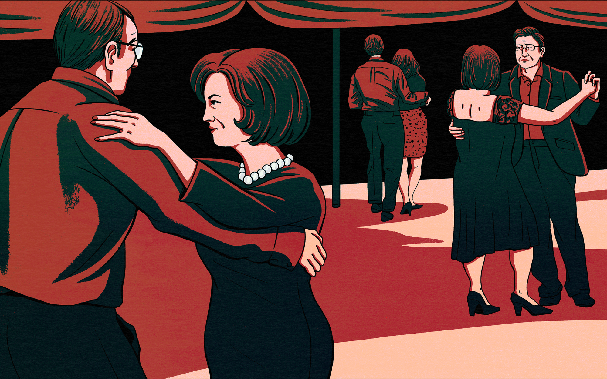 This is an illustration of Shally dancing in Star ballroom with friends.