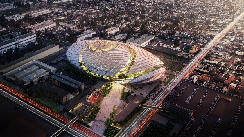 An aerial view rendering of the Clippers' proposed arena in Inglewood.