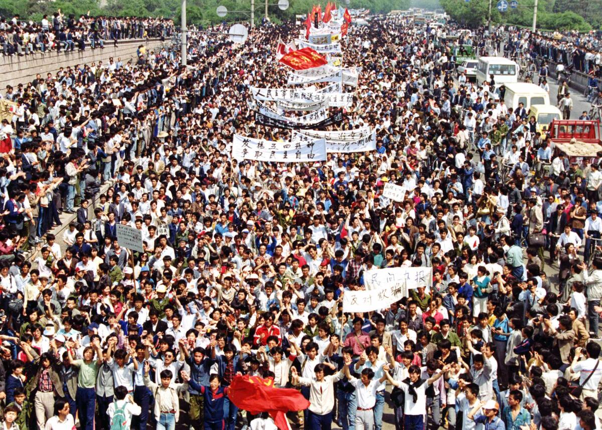 Thousands of students marched for reform in Beijing before the government massacre in Tiananmen Square in June 1989.