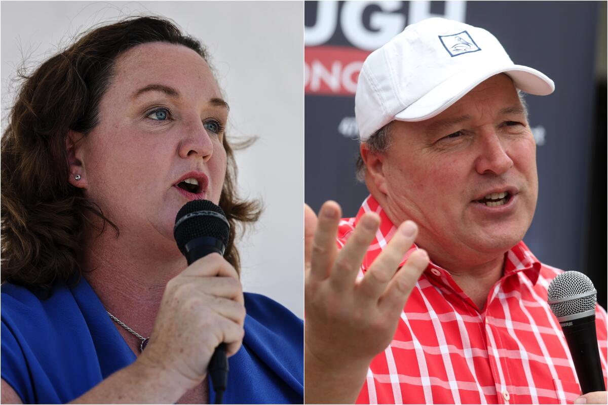 Side-by-side close-up photos of a woman and a man speaking into microphones.