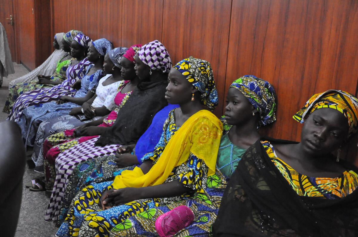 Some of the Nigerian girls who escaped their kidnappers attend a meeting with the Borno state governor in Maiduguri on June 2.