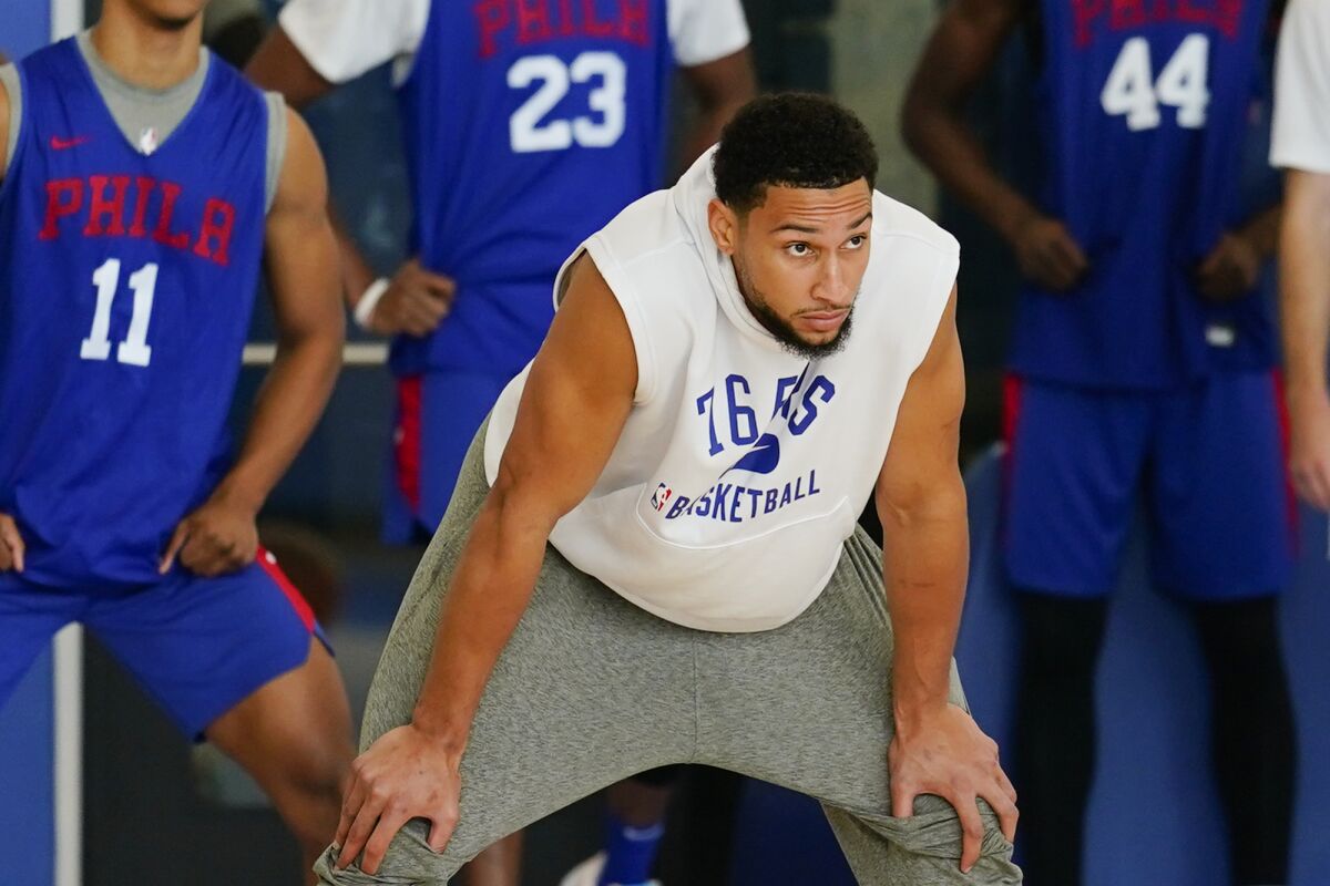 Ben Simmons watches teammates during practice Monday.