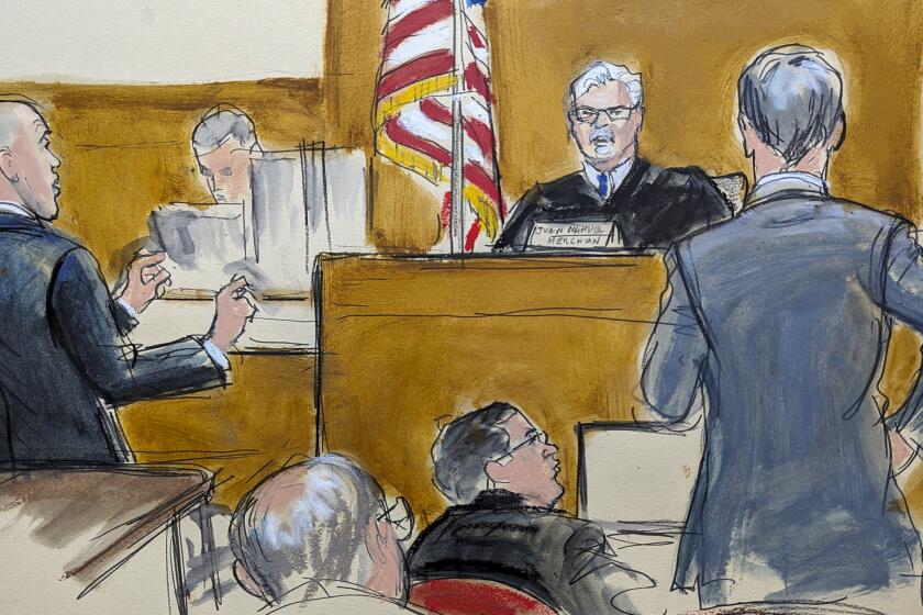 In this courtroom sketch, former President Donald Trump's defense attorney Emil Bove, left, and assistant district attorney Matthew Colangelo, right, argue various points on the jury charge to Judge Juan Merchan, Tuesday, May 21, 2024, in Manhattan criminal court in New York. (Elizabeth Williams via AP)