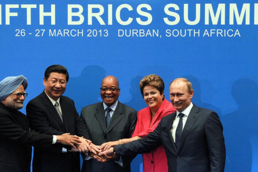 BRICS leaders were all smiles at the conclusion of their summit in Durban, South Africa, on Wednesday, although analysts say little was accomplished in their mission to support developing economies. Leaders of the five member states, from left, Indian Prime Minister Manmohan Singh, Chinese President Xi Jinping, South African President Jacob Zuma, Brazilian President Dilma Rousseff and Russian President Vladimir Putin.
