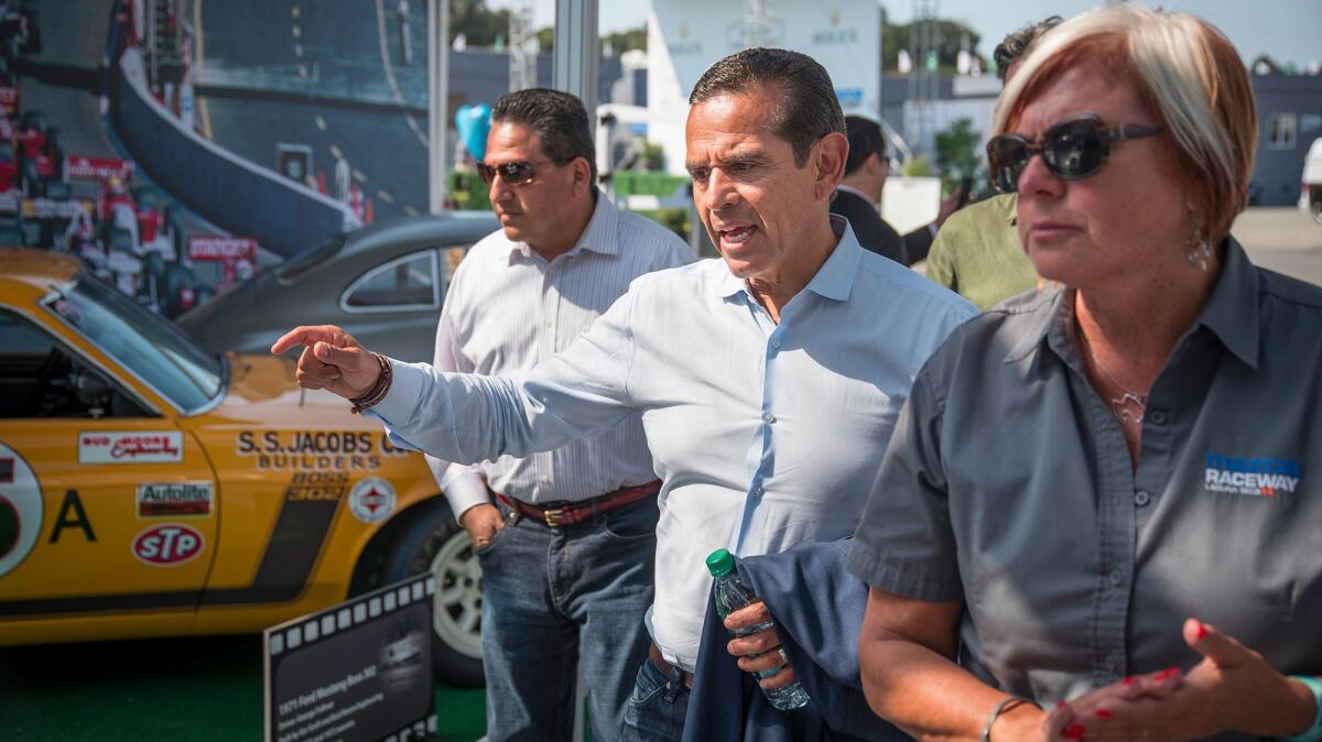 Antonio Villaraigosa takes a quick tour of the Laguna Seca racetrack during a swing through Monterrey County.