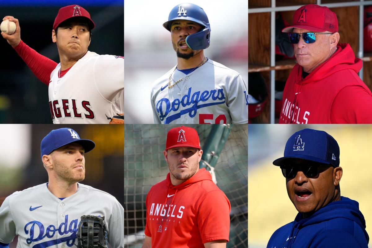 Freddie Freeman, Shohei Ohtani, Mookie Betts, Phil Nevin, Dave Roberts and Mike Trout.