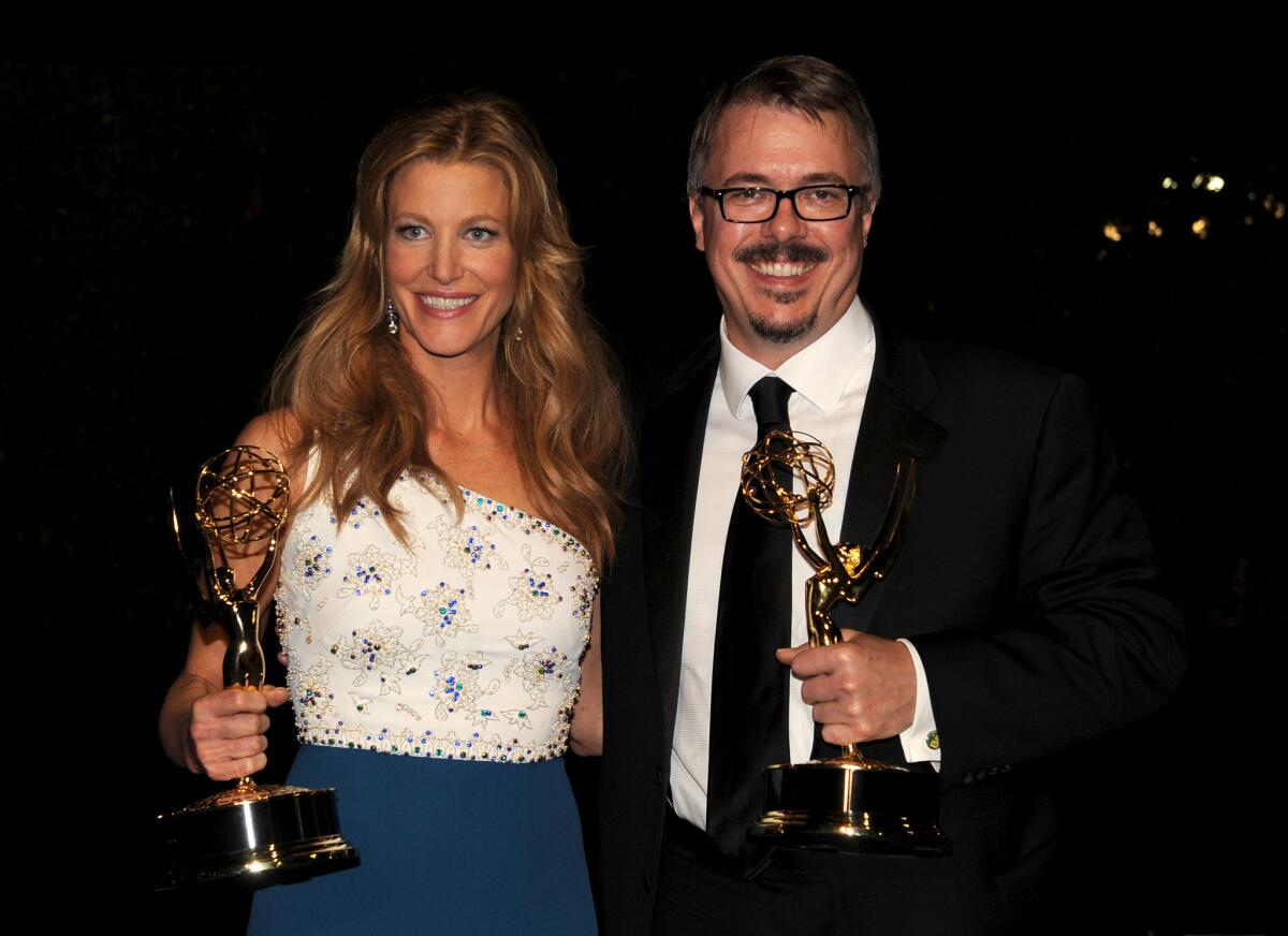 Actress Anna Gunn, winner of the actress in a drama series Emmy, and writer/producer Vince Gilligan, who also won for 'Breaking Bad,' attend the 66th Annual Primetime Emmy Awards Governor's Ball.