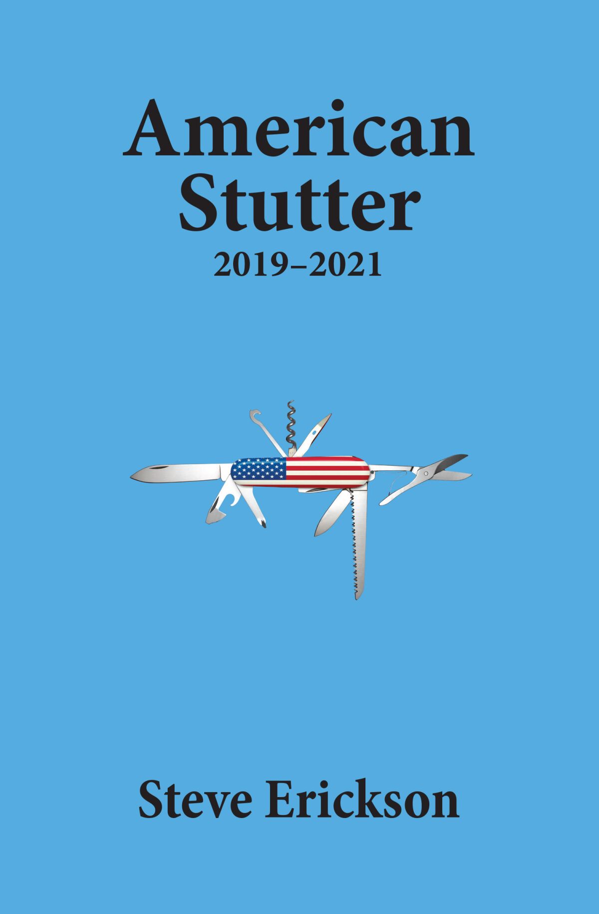 A blue book cover with an illustration of a Swiss army knife with an american flag on it 