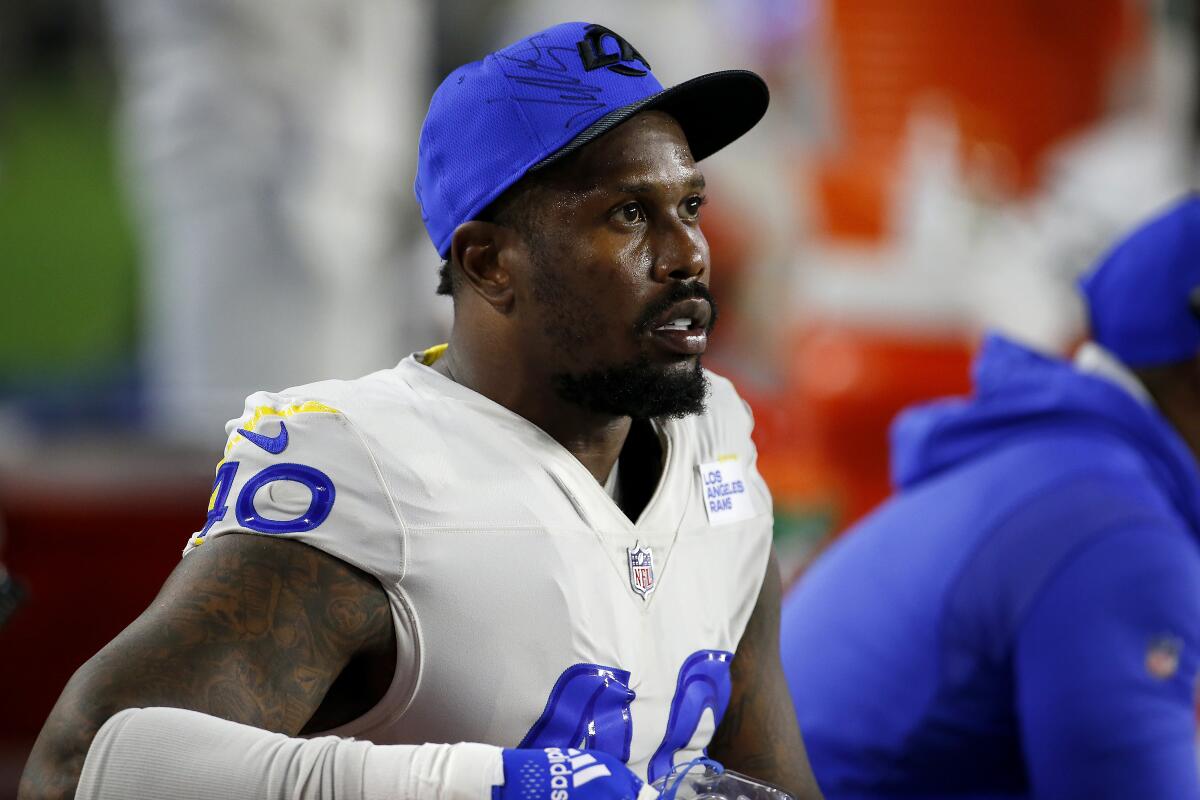 Rams linebacker Von Miller looks on from the sideline during a win over the Arizona Cardinals on Sunday.