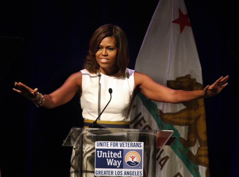 First Lady Michelle Obama delivers a keynote address at the Unite for Veterans Summit in Century City.