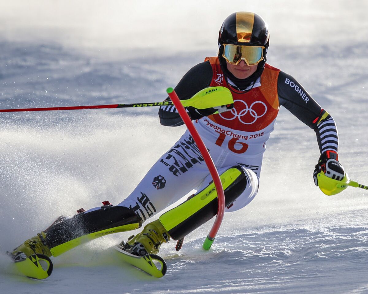 Marina Wallner, of Germany, skis during the first run of the women's slalom at the 2018 Winter Olympics in Pyeongchang, South Korea, Friday, Feb. 16, 2018. (AP Photo/Jae C. Hong)