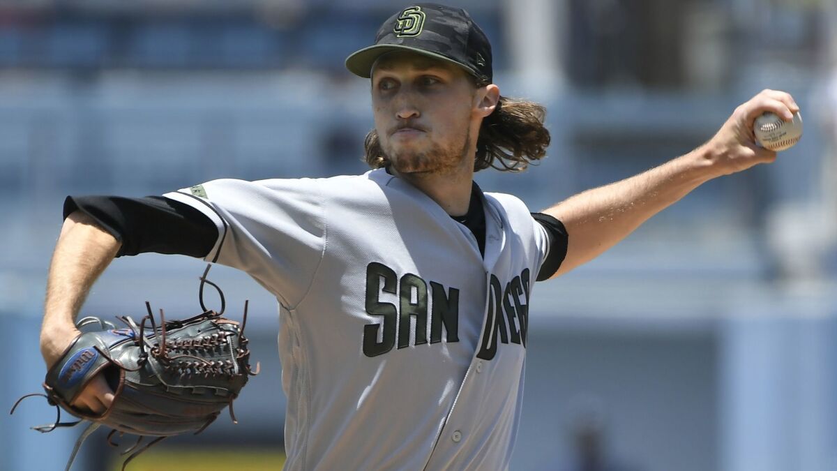 Padres left-hander Matt Strahm pitches against the Los Angeles Dodgers in the first inning at Dodger Stadium on May 27, 2018 in Los Angeles, California.