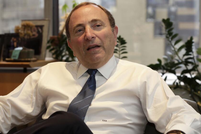 NHL Commissioner Gary Bettman speaks during an interview in his New York office Tuesday. Bettman attended the Kings' season opener against the San Jose Sharks on Wednesday.
