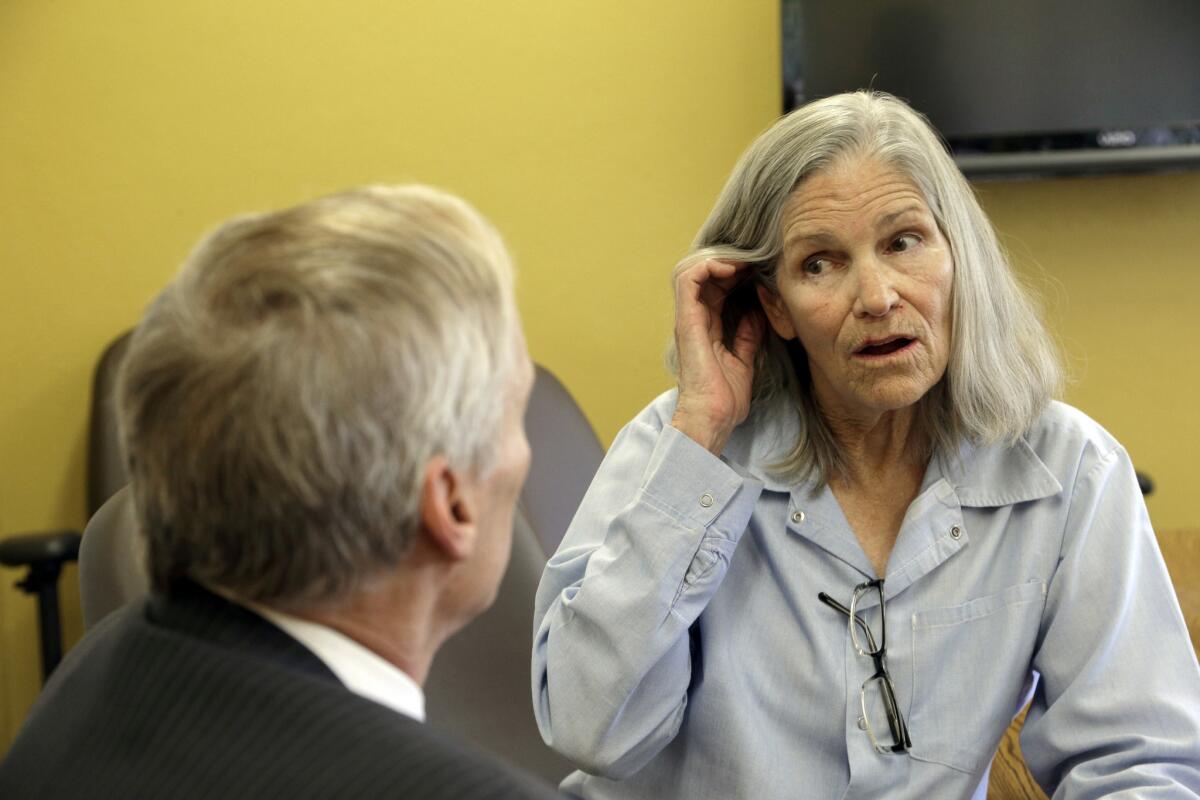 Former Charles Manson follower Leslie Van Houten with her attorney on April 14.