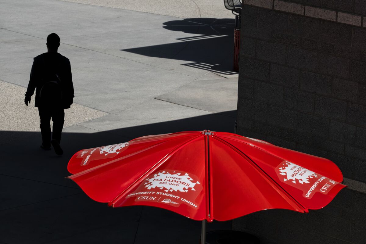 People walk in the shade during summer like temperatures at California State University Northridge in Northridge, Calif., Thursday, April 7, 2022. (Hans Gutknecht/The Orange County Register via AP)