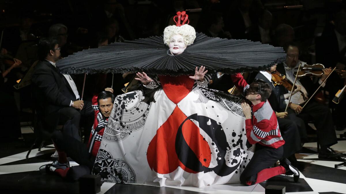 Jane Henschel as Queen of Hearts and cast members in "Alice in Wonderland" with the Los Angeles Philharmonic at Walt Disney Concert Hall.