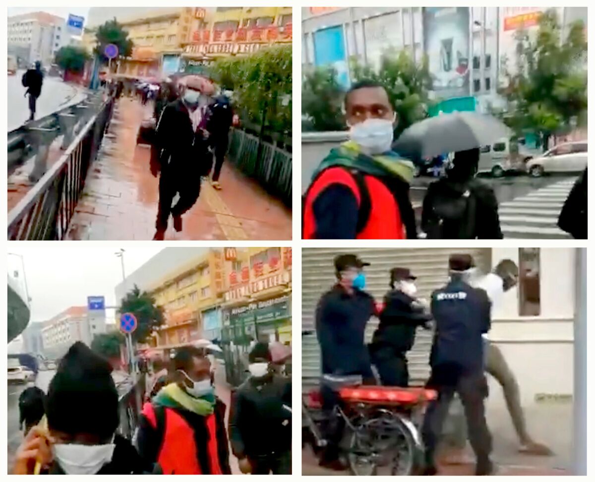 In images from video, displaced Africans roam Guangzhou, China, on April 7, unable to find a hotel that will accept them. Eventually, police take some to a station.