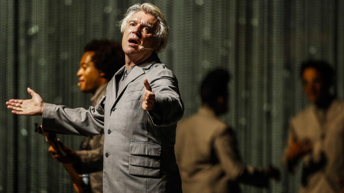 David Byrne in concert at the Shrine Auditorium in 2018.