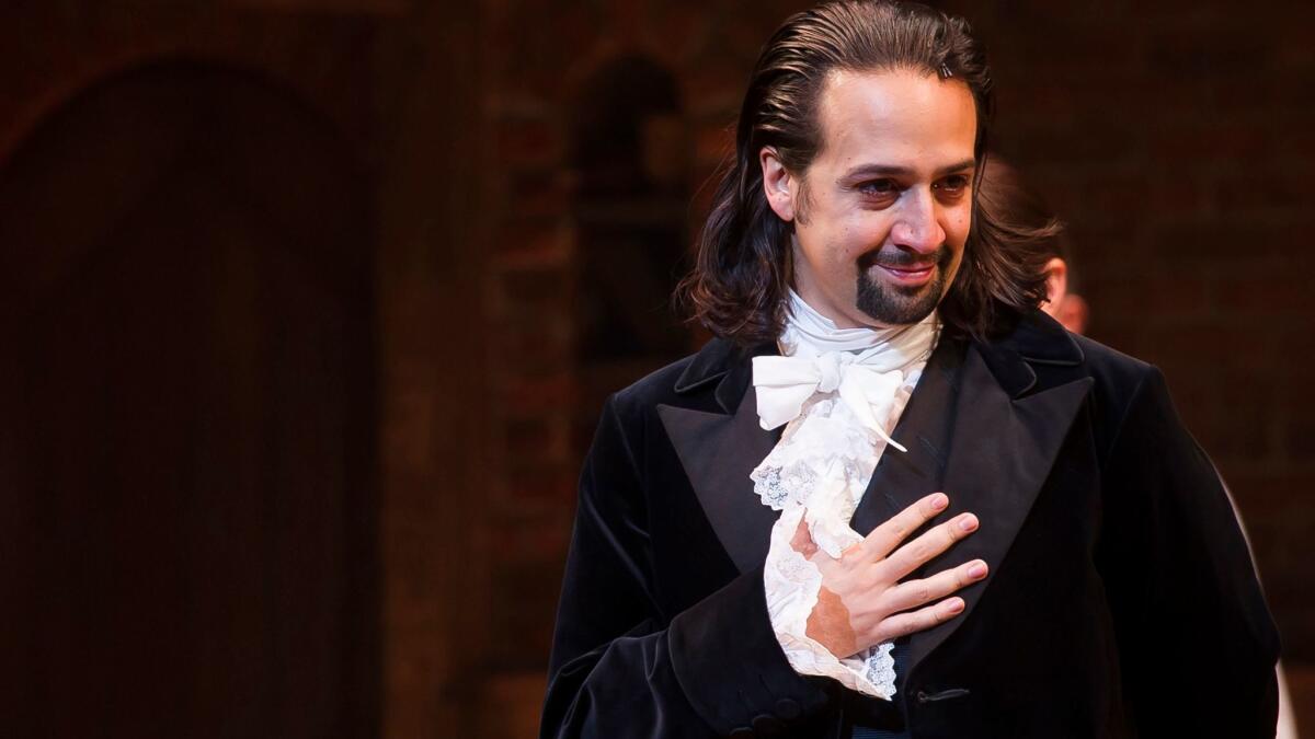 Lin-Manuel Miranda appears at the curtain call following the opening night performance of "Hamilton" at the Richard Rodgers Theatre in New York.