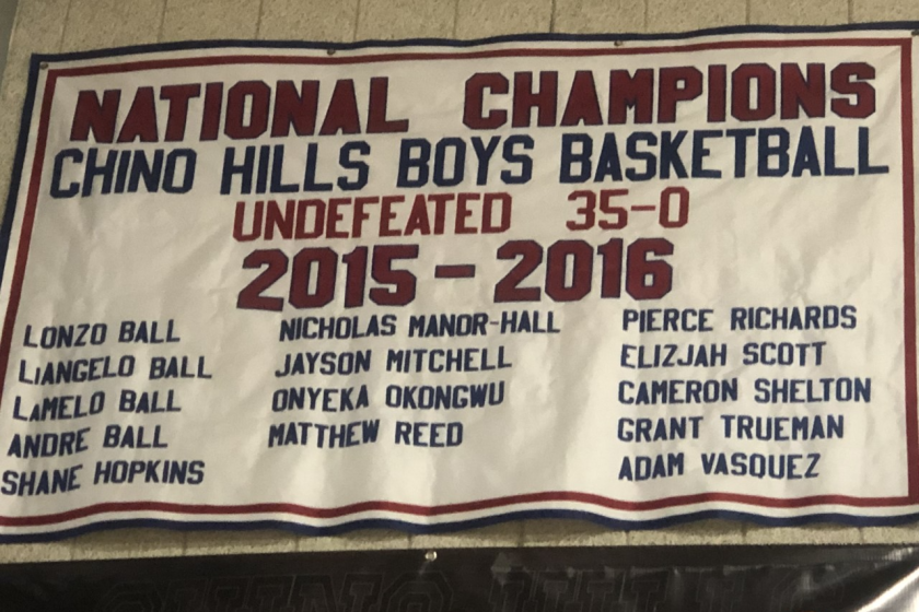 Banner recognizing Chino Hills' undefeated 2015-16 season.