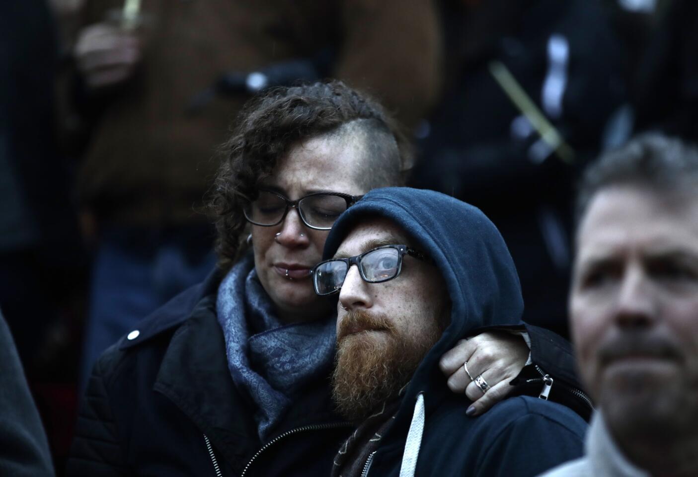 People gather for a vigil in the aftermath of a deadly shooting at the Tree of Life synagogue in Pittsburgh on Oct. 27, 2018.