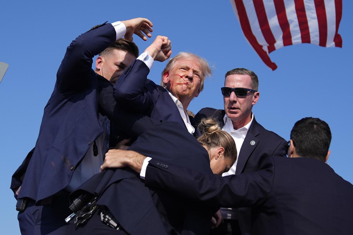 Former President Trump raises a fist after being shot at a rally.
