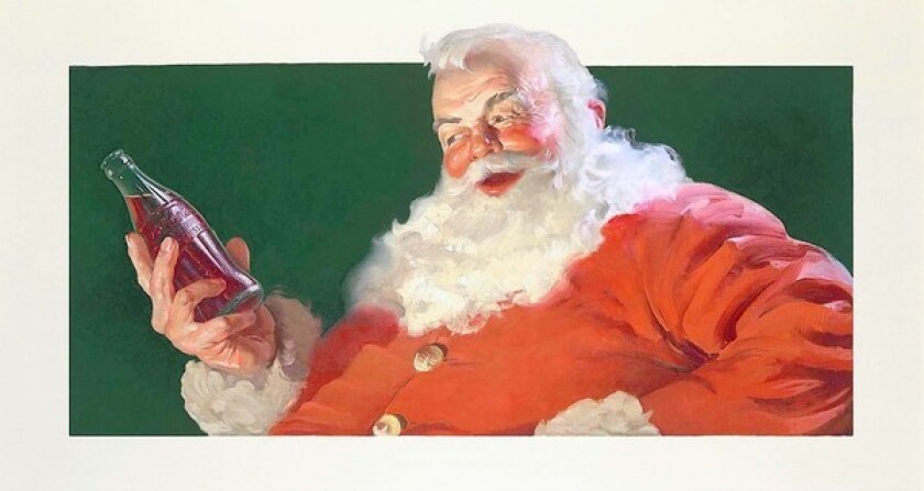By 1940, artist Haddon Sundblom had created the image of the Coca-Cola Santa for nearly a decade. This original piece, called 'Somebody Knew I Was Coming,' was the basis for posters and other advertising. The magazine ad created from this work was published in Collier's Weekly, Liberty and National Geographic in December 1940.