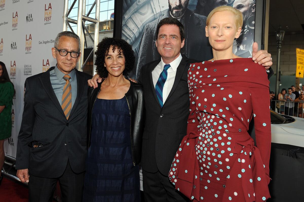From left, David Ansen, L.A. Film Festival director Stephanie Allain, Film Independent co-president Josh Welsh and actress Tilda Swinton at the premiere of "Snowpiercer."