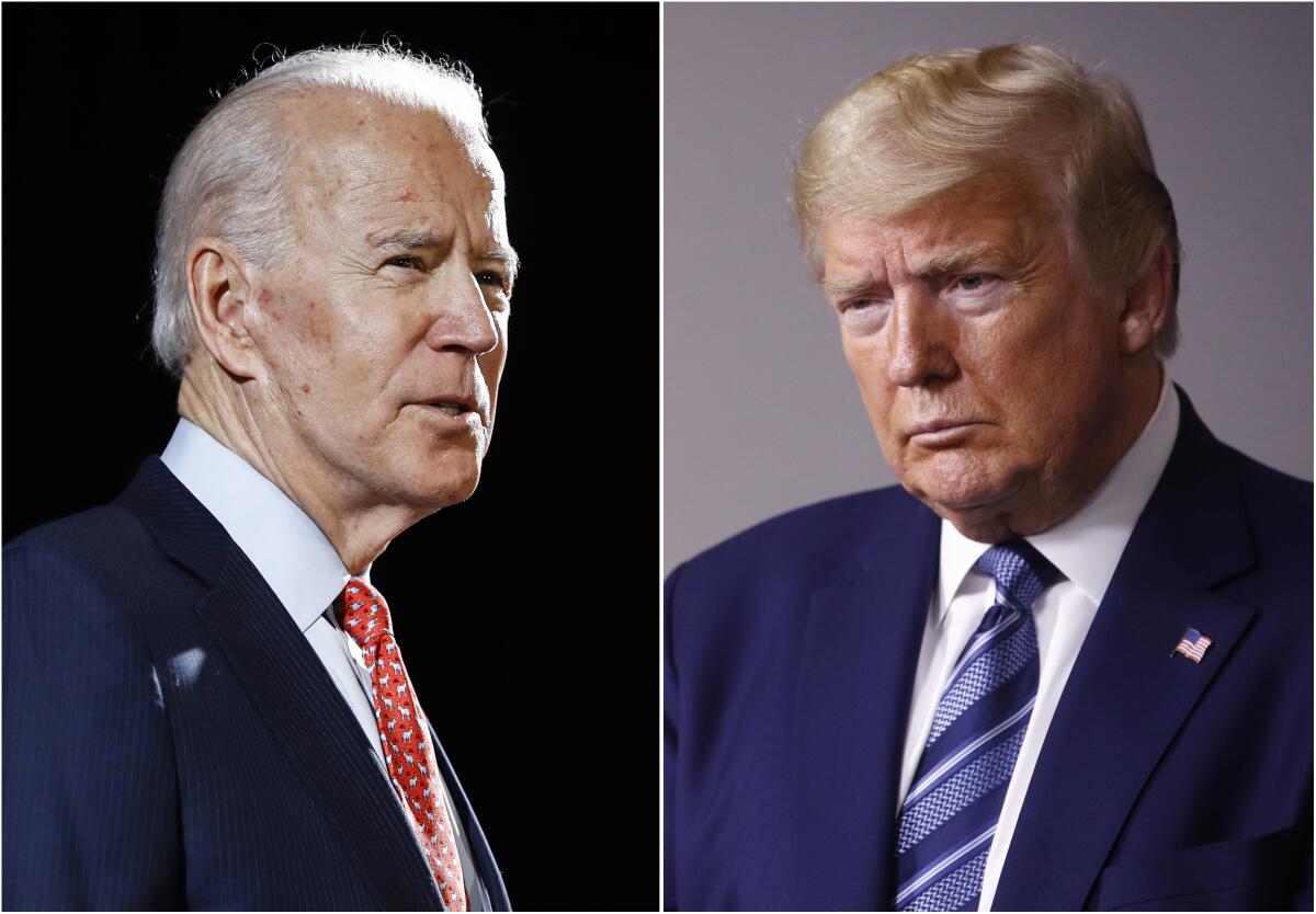 Side-by-side photos of President Biden and former President Trump from the chest up, each dressed in a suit