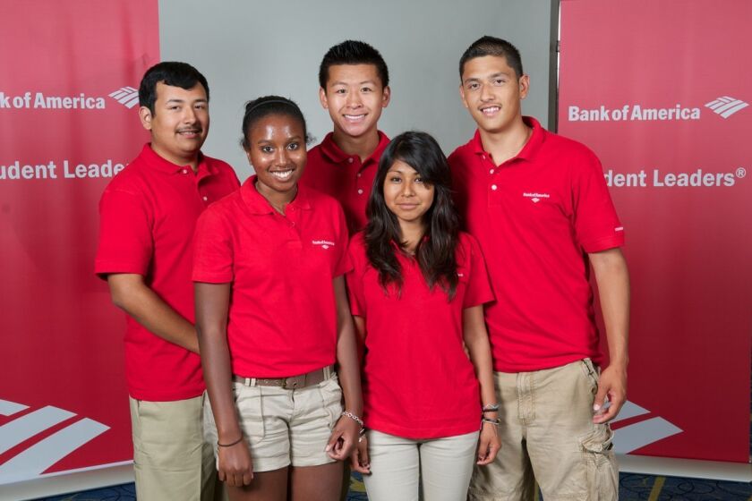 From left to right, Pedro Mota, Cristen Enge, Alan Vong, Gabby Perez and Jorge Rivera, participants in the Bank of America leadership program in Washington, D.C.