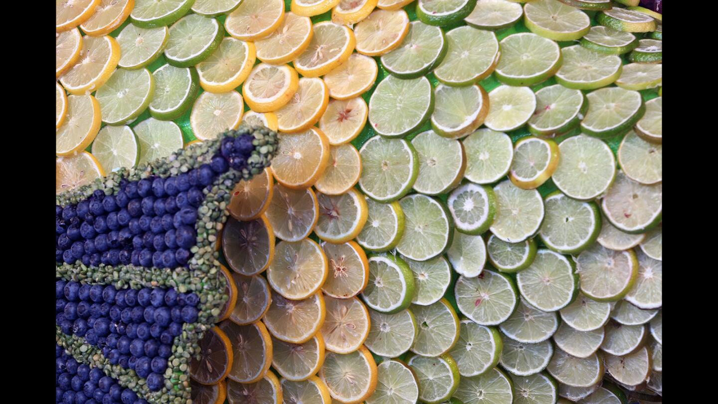 A mixture of lemon and lime slices make up fish scales on the La Cañada Flintridge Rose Parade float.