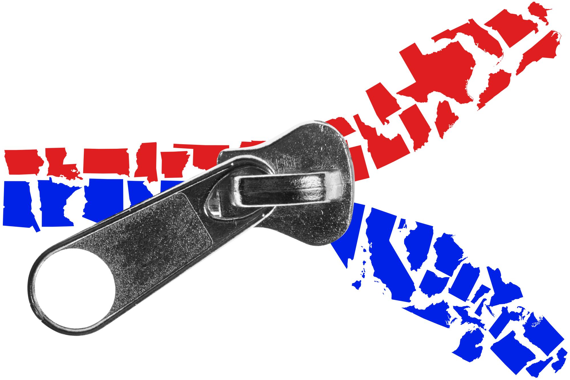 An illustration of red and blue states forming two sides of a zipper being unzipped
