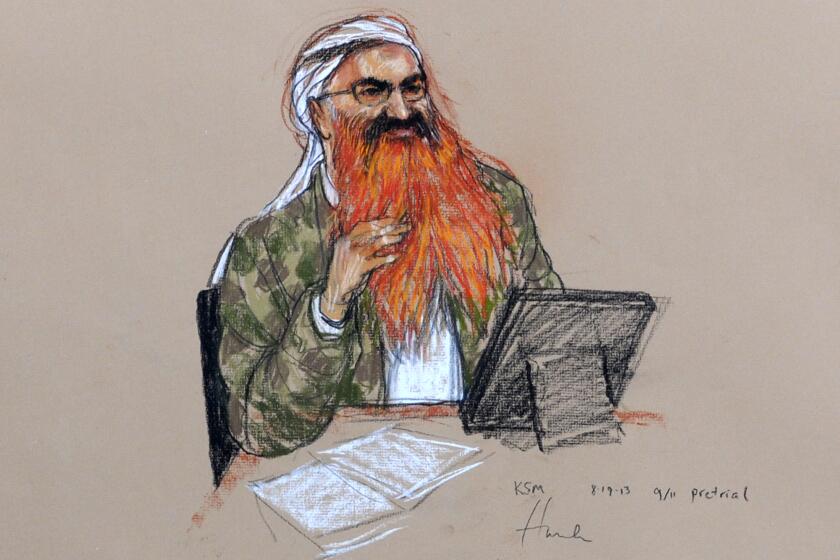 In this pool photo of a sketch by courtroom artist Janet Hamlin and reviewed by the U.S. Department of Defense, the self-proclaimed terrorist mastermind Khalid Sheikh Mohammed, with his gray beard streaked with reddish-orange dye, attends the pretrial hearings at the Guantanamo Bay U.S. Naval Base in Cuba.