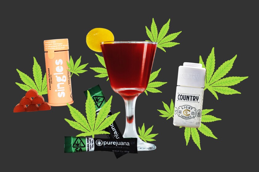 Collage of illustrated marijuana leaves and cannabis product shots.