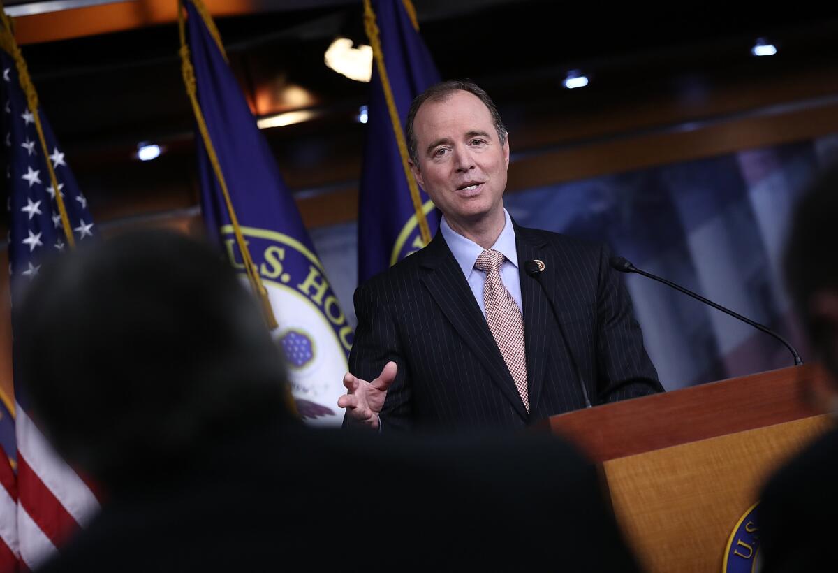 Rep. Adam Schiff, D-Calif., ranking member of the House Intelligence Committee, responds to comments from committee chairman Rep. Devin Nunes, R-Calif., about incidental collection of communications relating to President Donald Trump in Washington, D.C., on March 22, 2017.