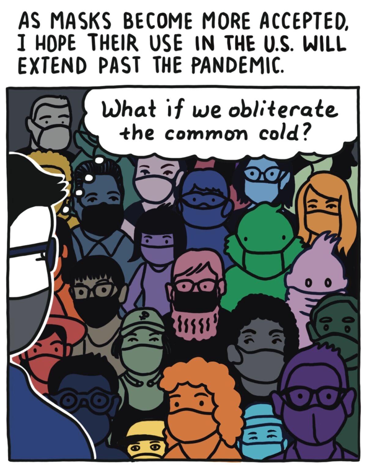 Illustration of a person looking at a crowd of people, all masked