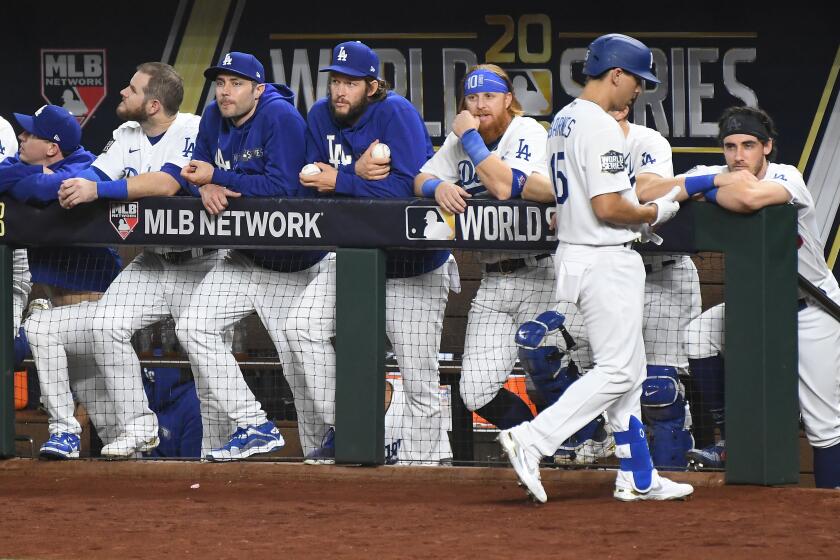 ARLINGTON, TEXAS OCTOBER 21, 2020-Dodgers pinch hitter Austin Barnes walks back to the dugout.