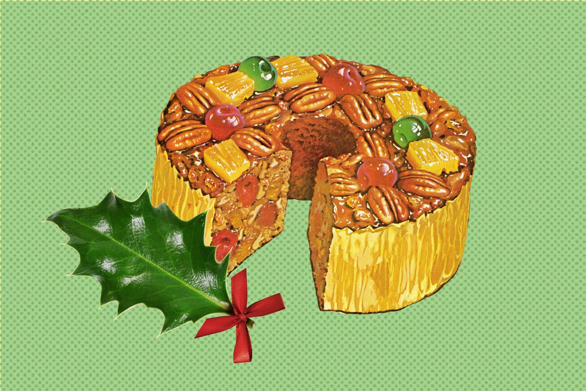 Drawing of a fruit- and nut-studded fruitcake.